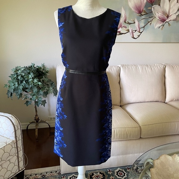 Elie Tahari Beverly Digital Print Silk Sheath Dress Slimming Black Blue - Picture 1 of 16